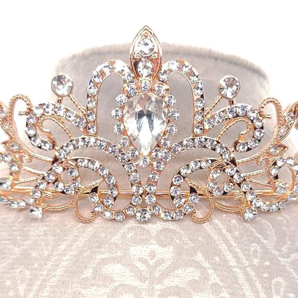Rose Gold Tiara Bridal Pageant Crown Shiny Rhinestone Princess Birthday - Picture 2 of 12